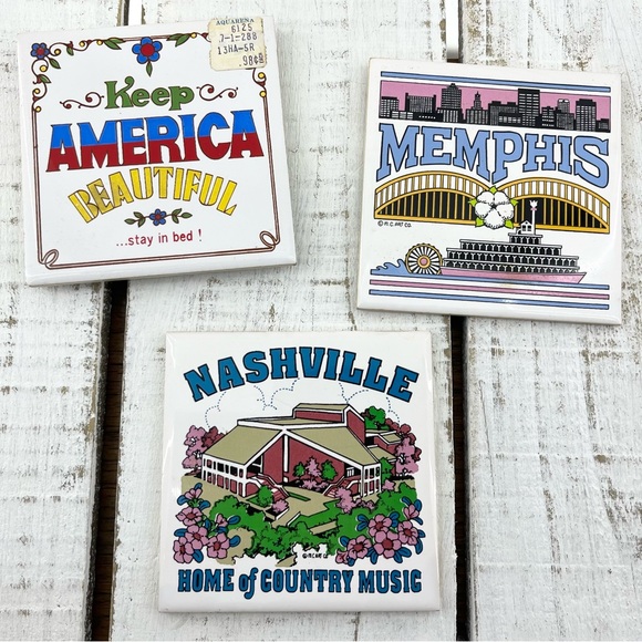 Vintage 3pc Memphis Nashville Tennessee America 5”x5” Ceramic Coaster/Decor Set - Picture 3 of 6